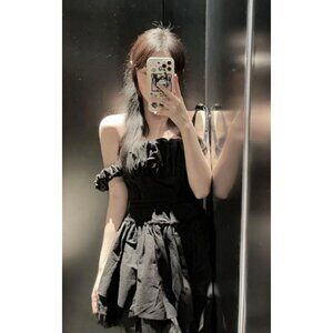 Asymmetrical One-Shoulder Black Dress With Ruffles & Tulle Overlay